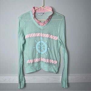 Wildfox Mint Green and Pink Ruffle V-Neck Lightweight LS Sweater